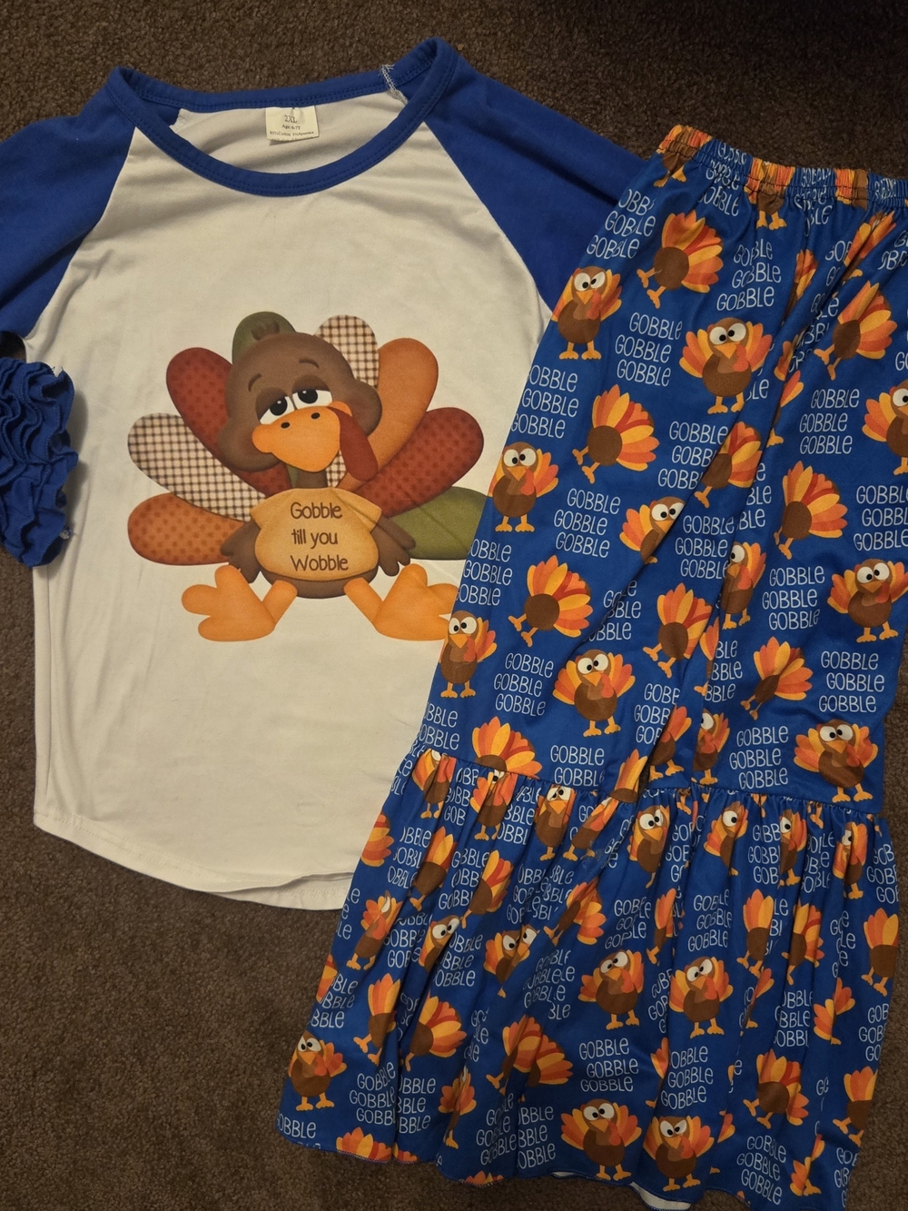 Kids Blue & White Thanksgiving Turkey Pajama Set